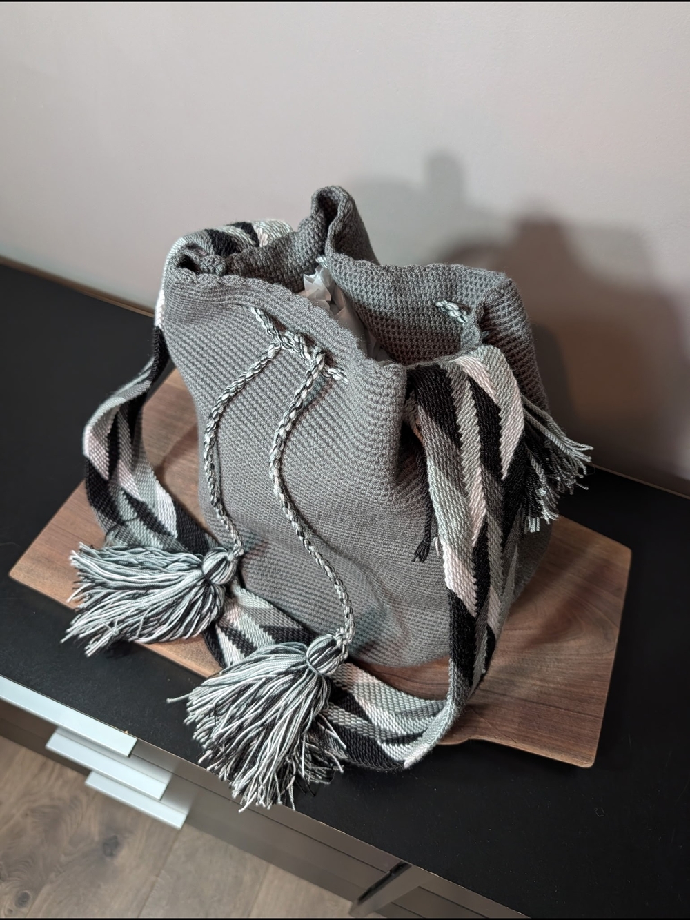 Women’s Gray Woven Drawstring Shoulder Bag Handmade Boho